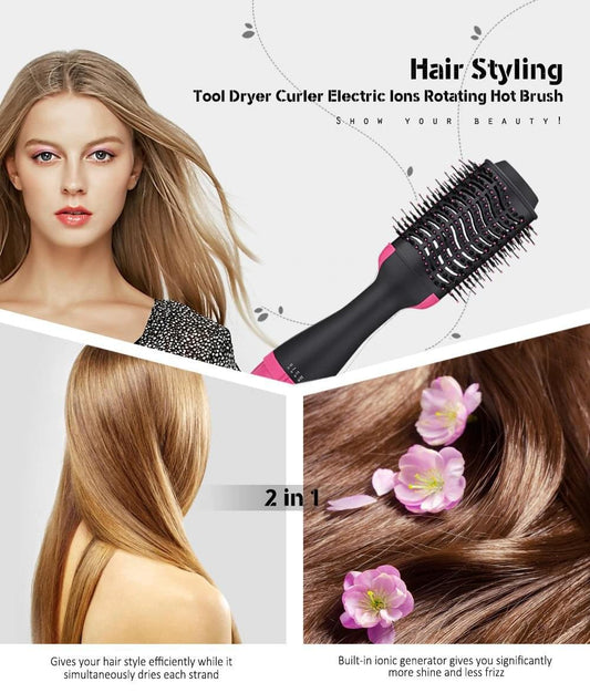 Hot air styler brush with rotating round bristle head, held in hand for hair styling