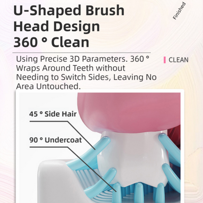 Pink Dinosaur 360° U-Shaped Electric Toothbrush Set for Children 7-14 Years Old - Silicone Soft Bristle Oral Cleaner with 6 Modes & 3 Medium Brush Heads