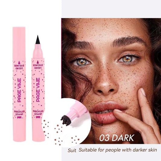 Pink freckle stamp pen with eyeliner tip; freckles and dark makeup speckles on face