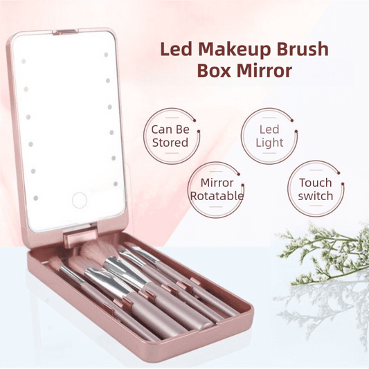 Pink LED makeup mirror with brush set in open compact mirror box