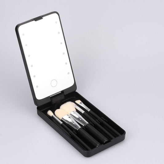 Foldable LED makeup mirror with lights and brush set, black case, open view