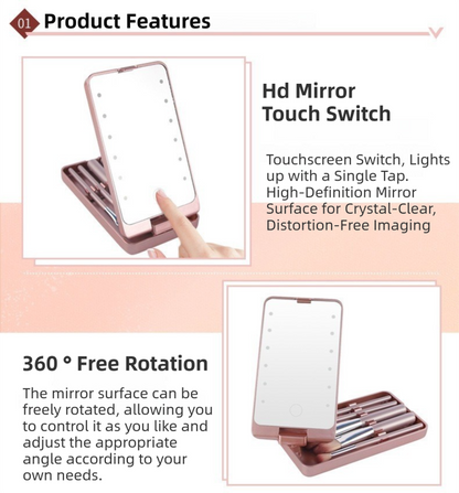 Black Portable LED Makeup Mirror with Lights & Brushes (9x2.5x16CM) - Mini Foldable Desktop Vanity Mirror with Dual Color Temperature
