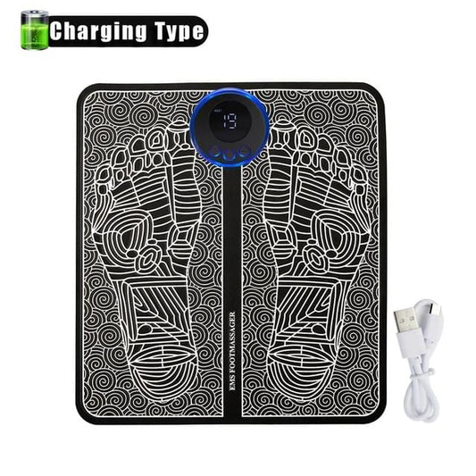 EMS foot massager mat with black patterned surface and round controller, charging cable included