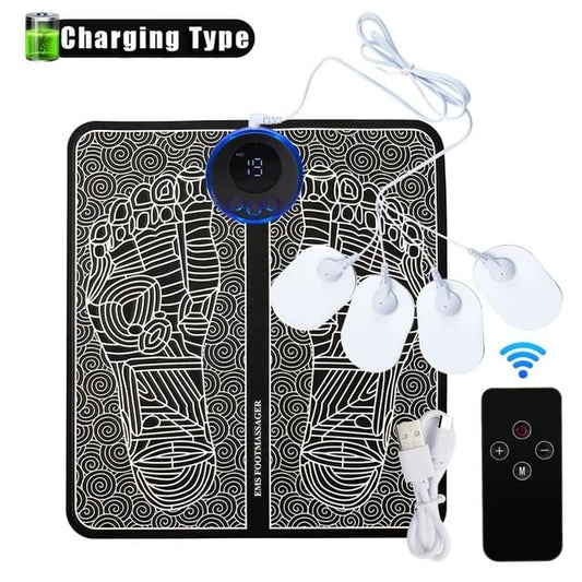 Black EMS foot massager mat with control screen, remote and four adhesive pads