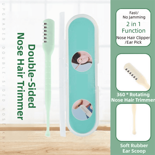 Mint green nose hair trimmer with rotating-style tips in a travel case