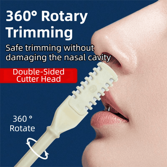 Cream nose hair trimmer with rotating head near nostril for grooming