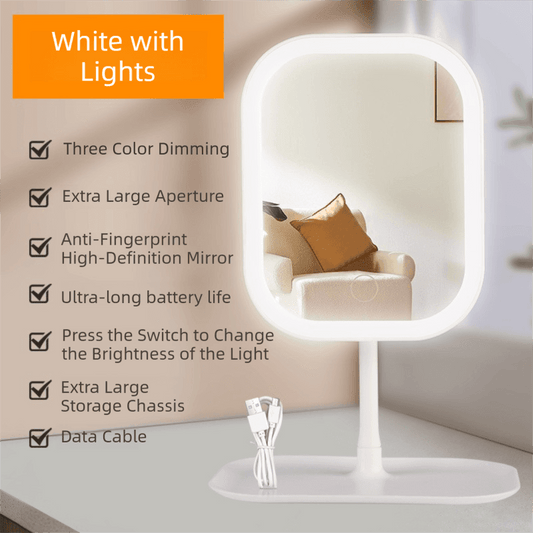 White tabletop LED vanity mirror with circular ring light and wide base