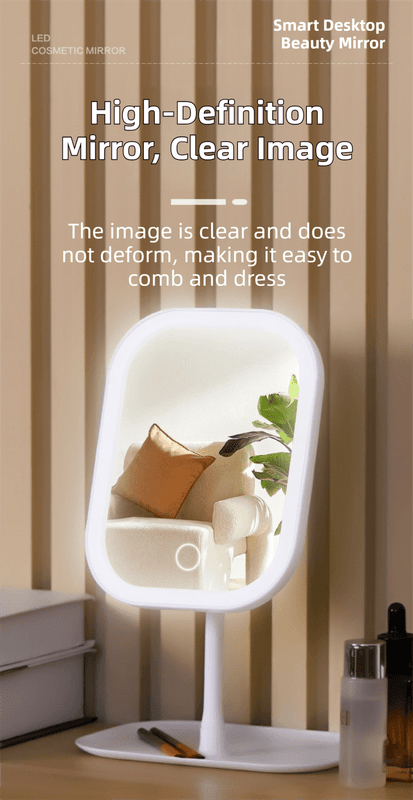 White LED vanity mirror with lit circular frame, tabletop stand