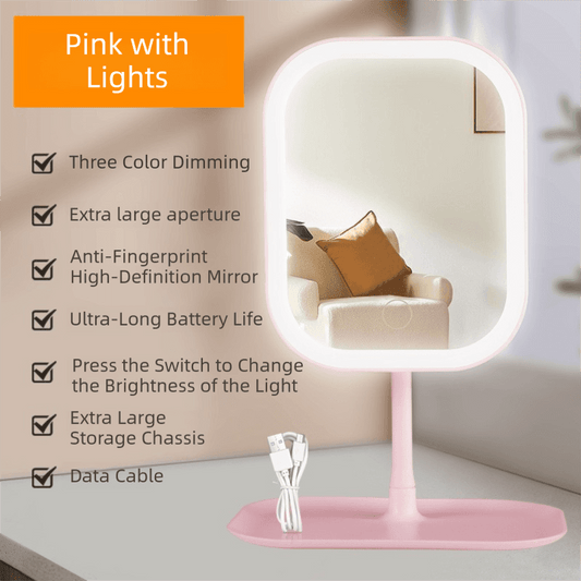 Pink tabletop vanity mirror with LED ring light and storage base