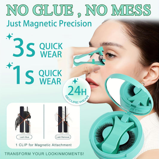 Magnetic eyelash applicator holding lash strip near eye, teal tool and false lashes