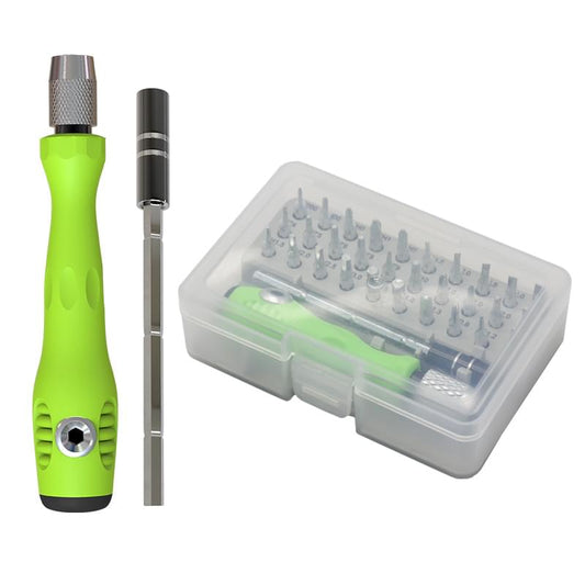 Green telescopic precision screwdriver with bit set case, 32-piece tool kit.
