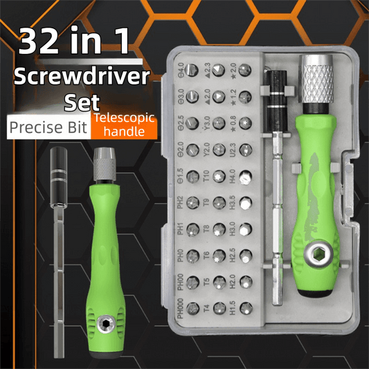 Precision screwdriver set with assorted bits in compact metal case and green handle.
