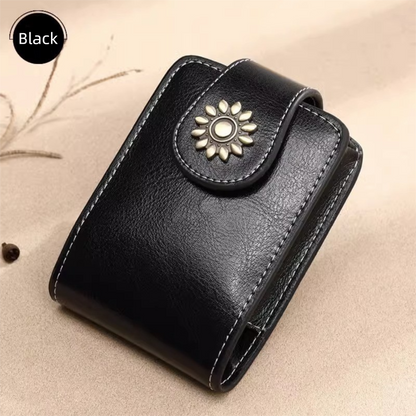 Black Sleek Compact PU Leather Flap-Top Lip Gloss Organizer with Built-in Mirror