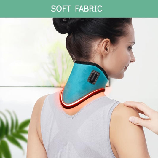 Teal heated neck brace on shoulder with black trim and rectangular control panel