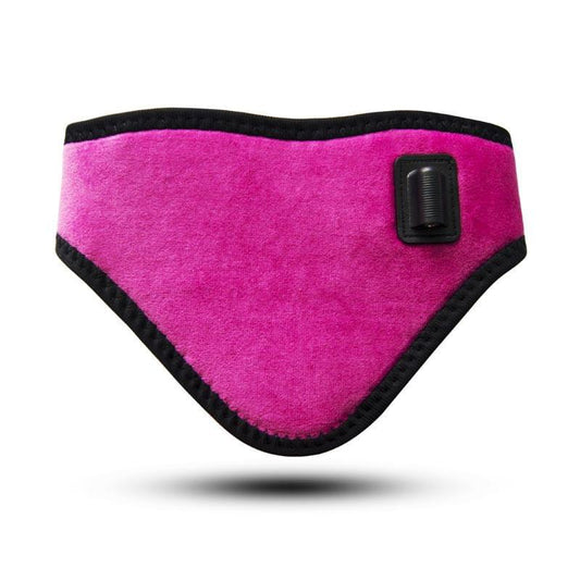 Pink heated neck brace with black trim and controller module, triangular shape