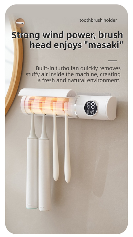 White 4-Slot Compact UV Toothbrush Sanitizer with Turbo Drying Fan & LCD Display - Anti-Dust Toothbrush Holder, 10-Minute One-Touch Deep Clean