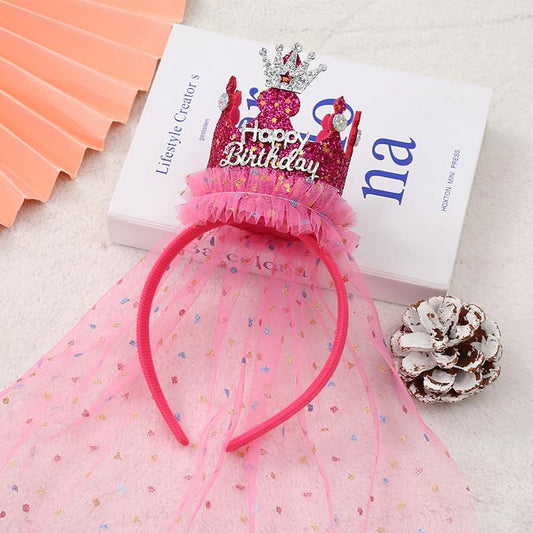 Pink tulle crown headband with glitter 'Happy Birthday' design, kids