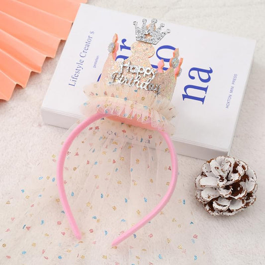 Pink tulle crown headband with glitter tiara and ribbon bow