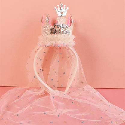 Beige 2-Pack Tulle Crown Headbands with "Happy Birthday" Sparkle Design for Kids – Princess Party Hair Accessories