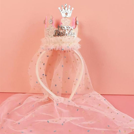 Kids tulle crown headband with white glitter crown and light pink tulle veil