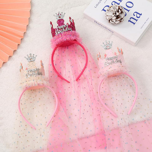 Kids tulle crown headbands with pink bows and crown sparkle design