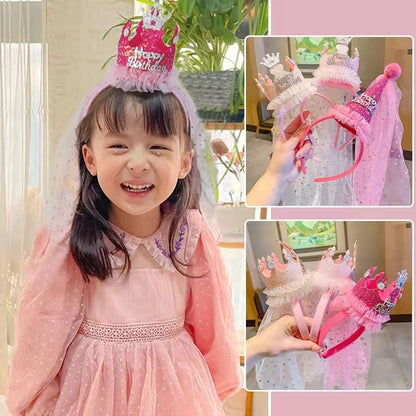 Beige 2-Pack Tulle Crown Headbands with "Happy Birthday" Sparkle Design for Kids – Princess Party Hair Accessories