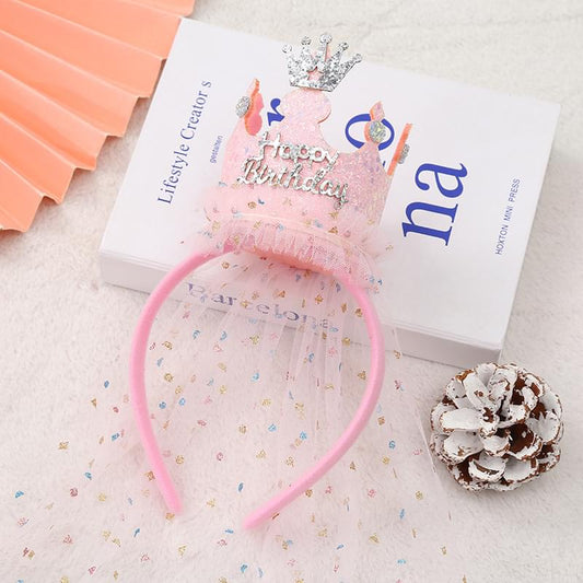 Pink tulle crown headband with glitter birthday design and sparkle on a thin band