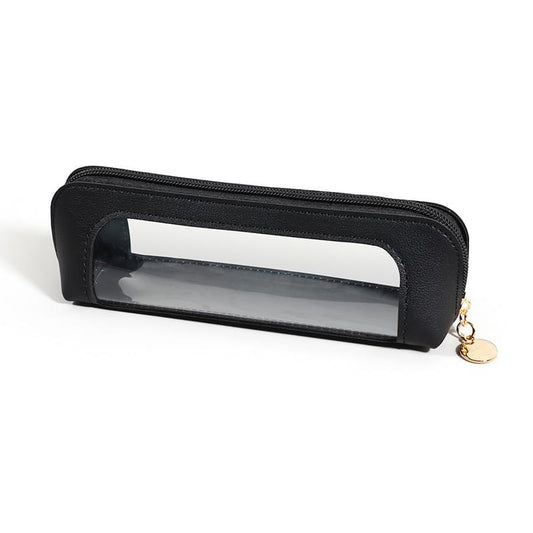 Black transparent makeup brush case with zipper and clear window, gold zipper pull