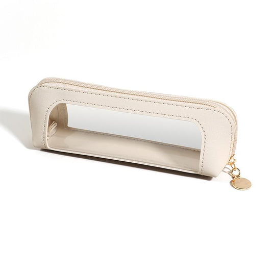 Cream makeup brush pouch with transparent window, zip closure, and gold zipper charm