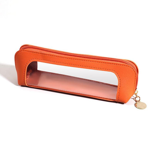 Orange transparent makeup brush case with zipper and gold key charm
