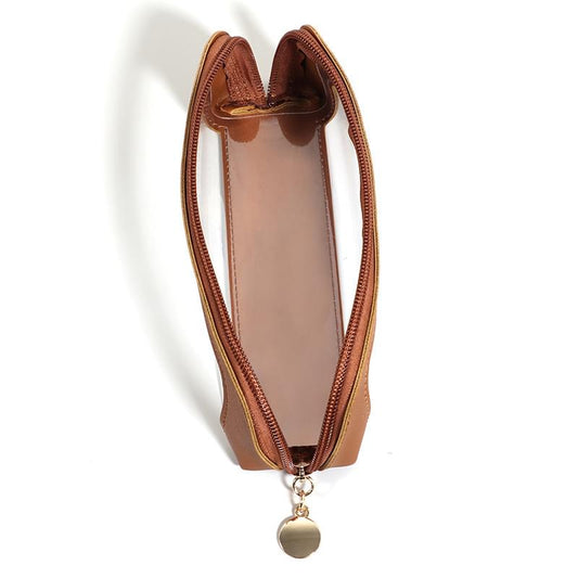 Orange transparent makeup brush pouch with zipper, clear window, and gold charm