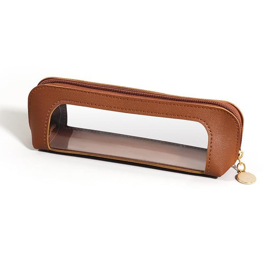 Brown makeup brush pouch with clear window, zip closure, round gold charm