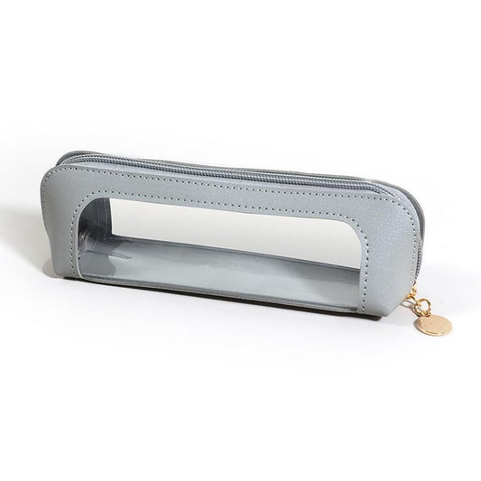 Grey transparent makeup brush pouch with zipper and clear window, keychain ring