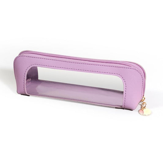 Purple transparent makeup brush case pouch with clear window, zip closure and gold zipper pull.
