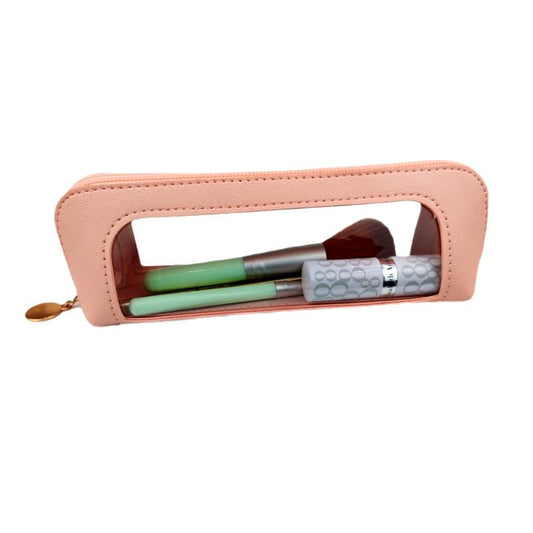 Pink transparent makeup brush pouch, zipper closure, clear window