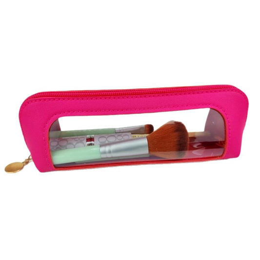 Rose red transparent makeup brush pouch with zipper and clear window, holding makeup brushes