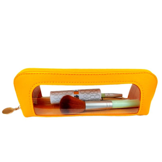 Yellow transparent makeup brush pouch with zipper, clear window showing brushes