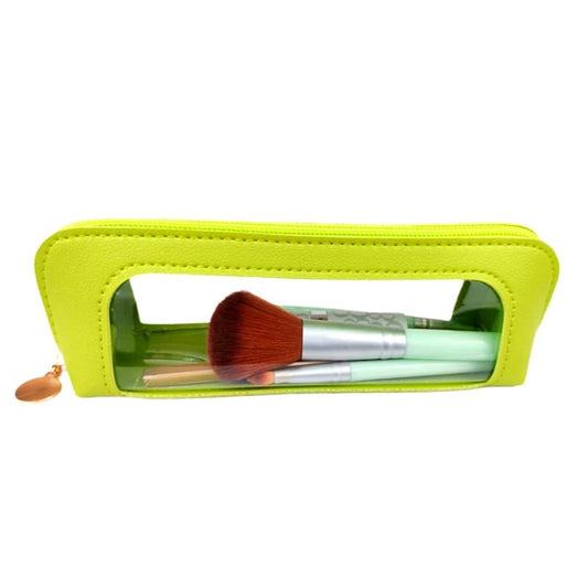 Lime green transparent makeup brush pouch with zipper, clear window, holding brushes