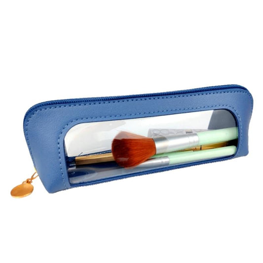 Blue transparent zipper makeup brush case with brush tips visible through window