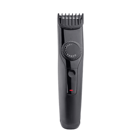 Rechargeable hair trimmer, dark gray with adjustable length dial and guard
