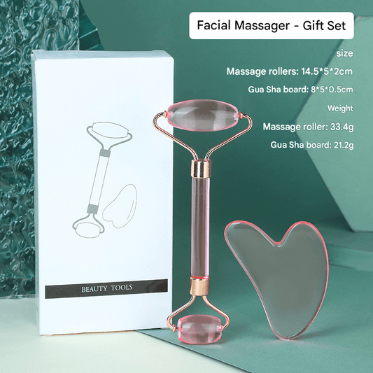 Dual-head facial roller with heart gua sha, red translucent resin massage tools