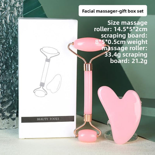Pink double-head resin facial roller with heart gua sha set in gift box