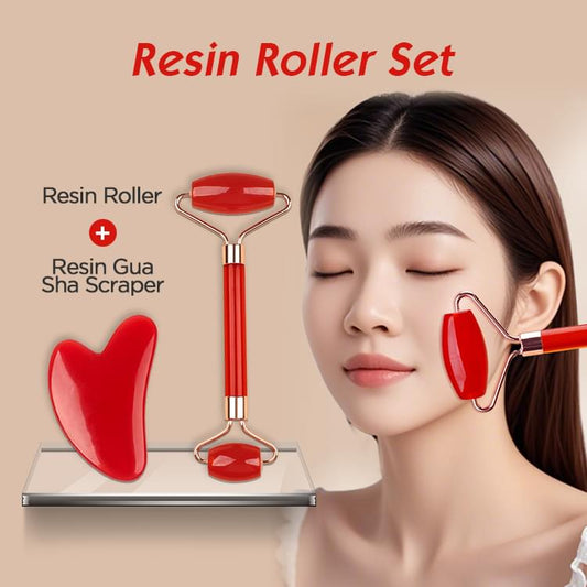 Red double-head resin facial roller with heart-shaped gua sha scraper set