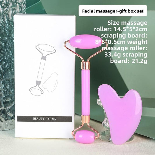 Purple resin facial roller and heart gua sha tools set in gift box