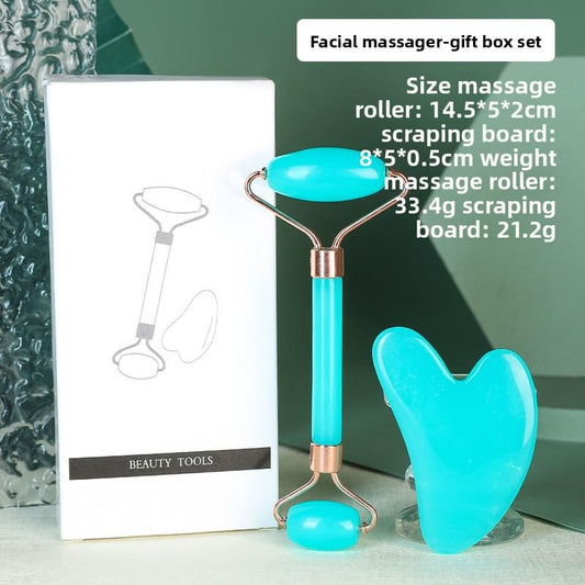 Light blue dual-head resin facial roller and heart gua sha set with gift box