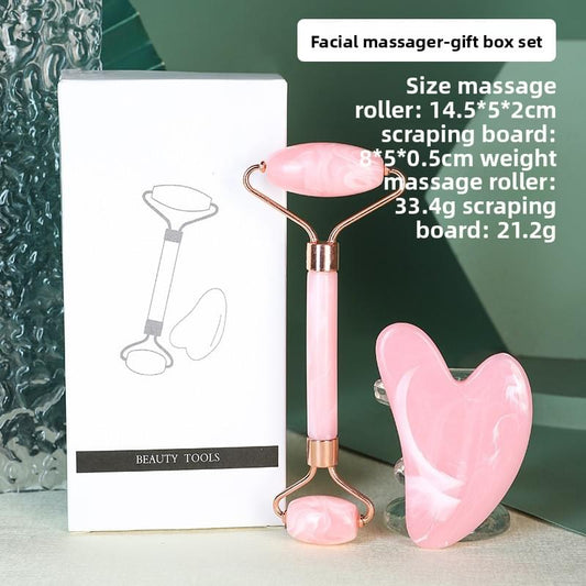 Pink resin dual-head facial roller and heart gua sha set with metal frame tools