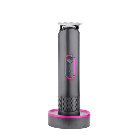Rechargeable hair trimmer with pink LED power button on black charging base