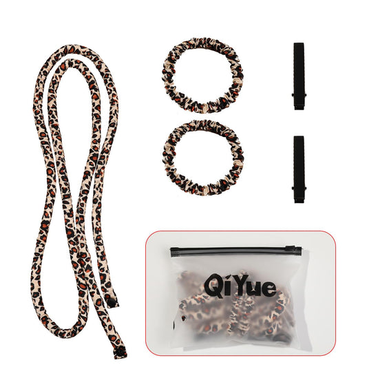Leopard print heatless hair curler ribbons, two loops, two clips, and pouch