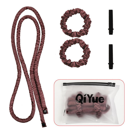 Heatless hair curler set, dark coffee ribbon curlers with two securing clips