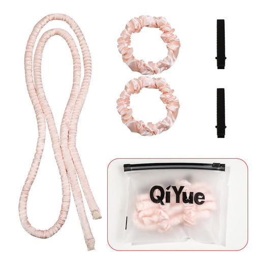 Pink heatless hair curler ribbon set with extra-long loops and two black clips